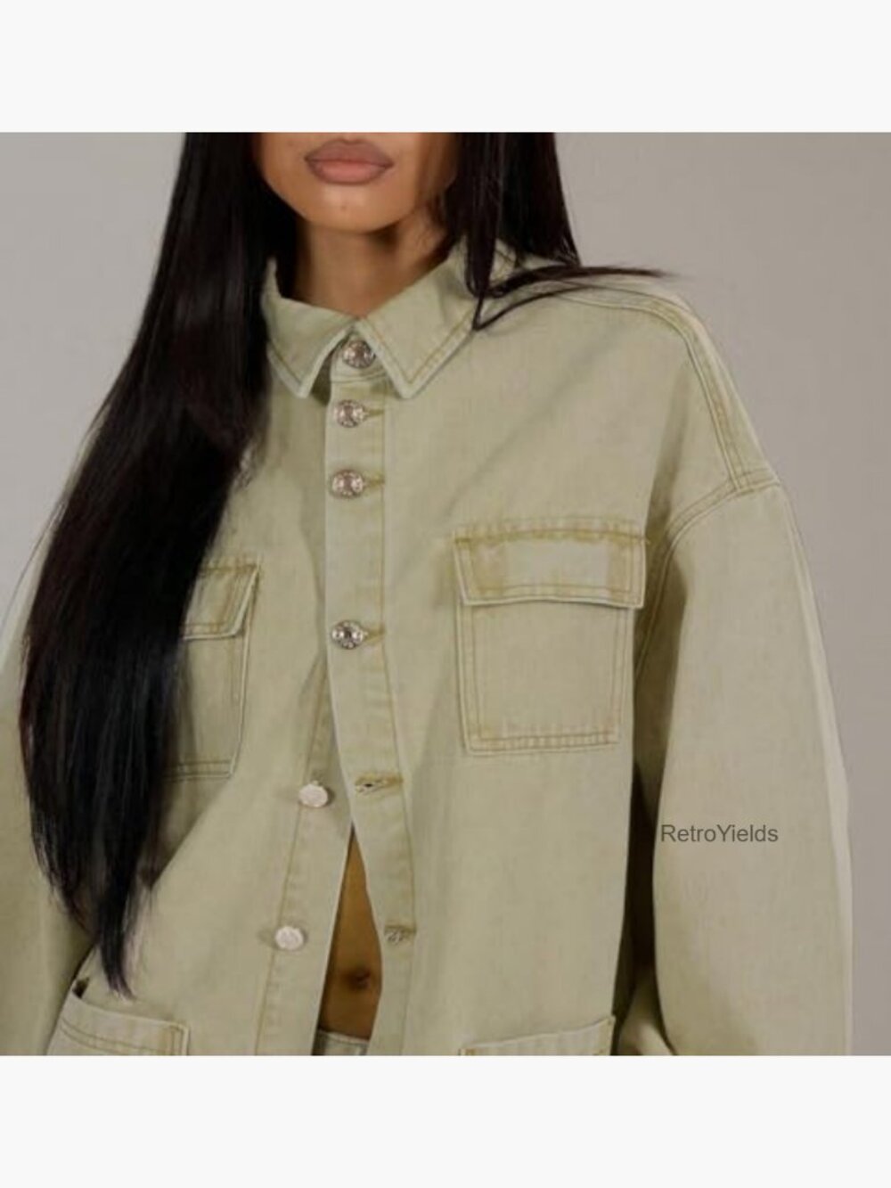 Oversized Cargo Button Down Shacket Denim Jacket with Pockets - Picture 5 of 7